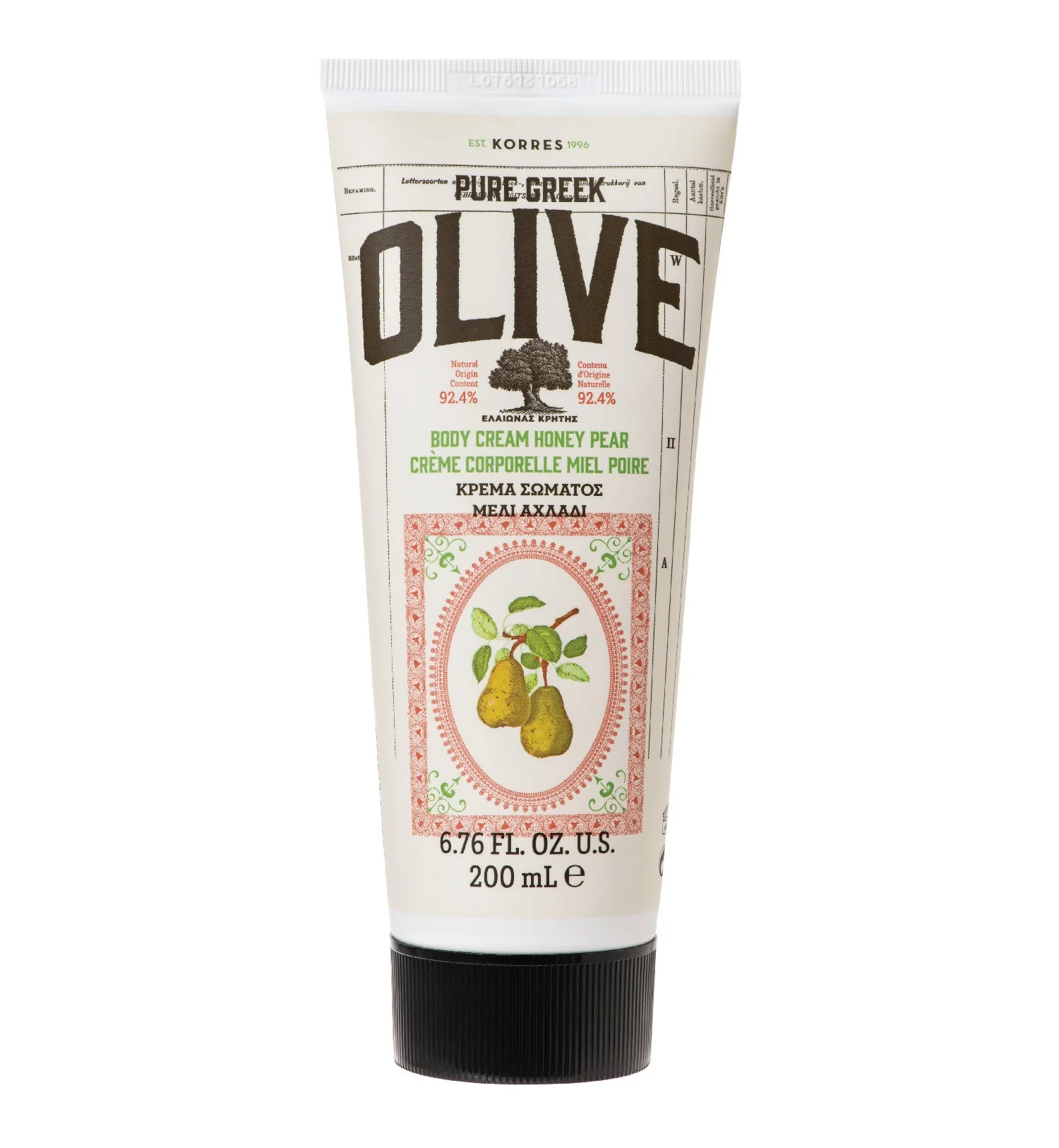 Në foto paraqitet paketimi Korres Pure Greek Olive Honey Pear Body Cream 200 ml për hidratimin dhe zbutjen e lëkurës së trupit.