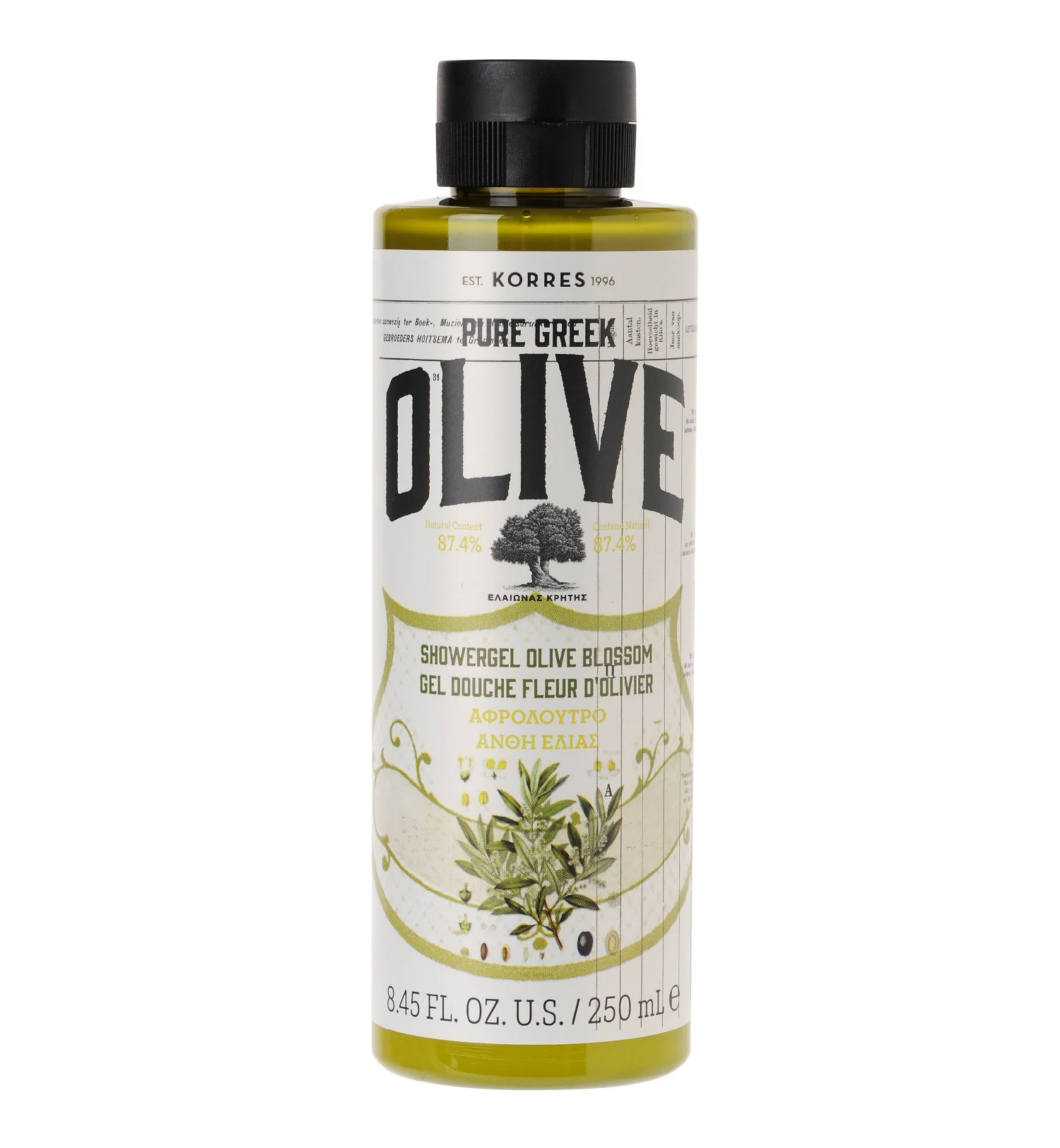 Në foto paraqitet shishja Korres Pure Greek Olive Olive Blossom Shower Gel 250 ml për pastrimin e përditshëm të trupit me ekstrakt gjethesh ulliri.