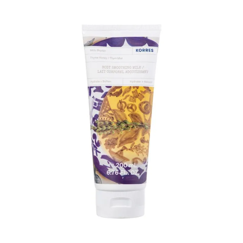 Në foto paraqitet paketimi Korres Thyme Honey Body Smoothing Milk 200 ml për hidratimin e trupit me aromë mjalti, trumze dhe lulesh.