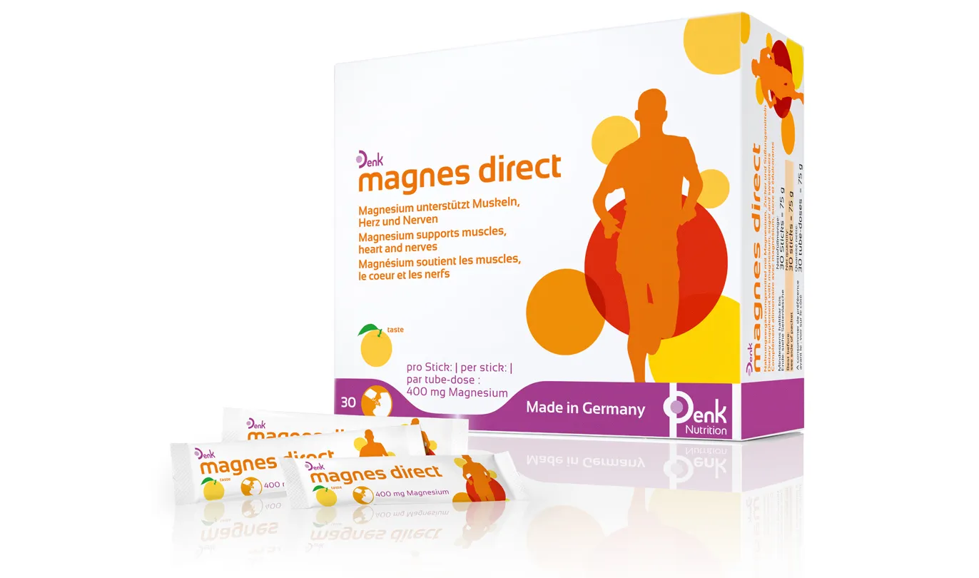 foto Denk Nutrition Magnes Direct në kuti me 30 sachets, suplement magnezi në format direct për përdorim praktik ditor.