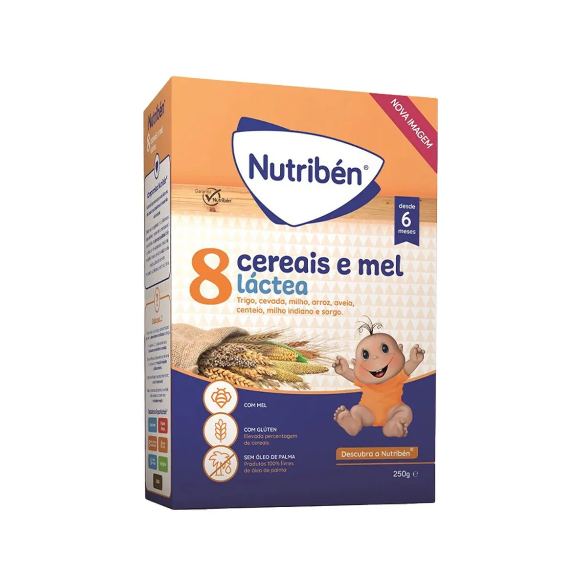 Paketimi Nutribén me tetë drithëra, mjaltë dhe qumësht për foshnja nga gjashtë muaj.