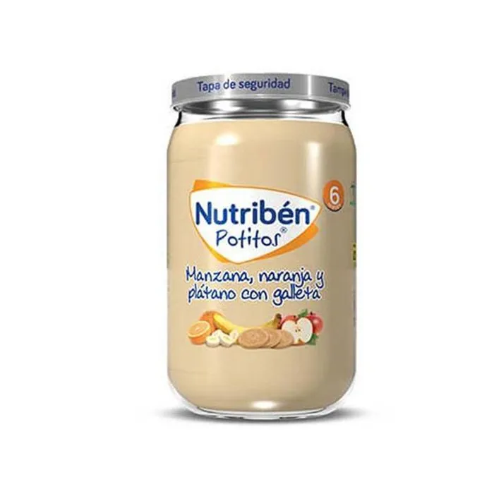 Kavanozi Nutribén Potito me mollë, portokall, banane dhe biskotë pa gluten për bebe.