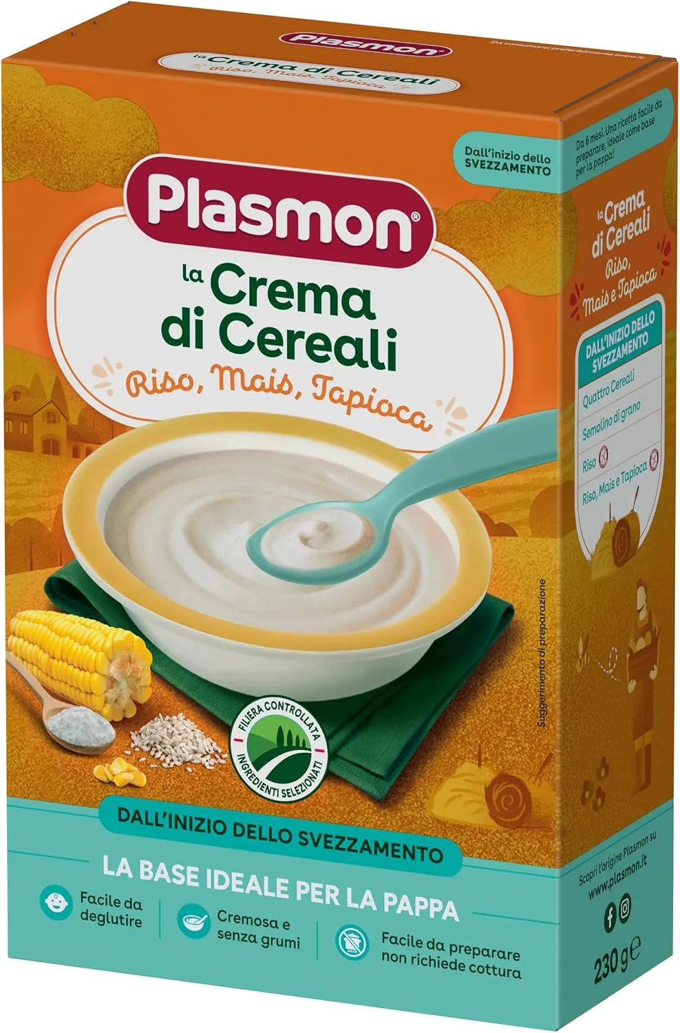 Plasmon Crema Riso Mais Tapioca, krem i imët me oriz, misër dhe tapiokë për fazat e para të diversifikimit.