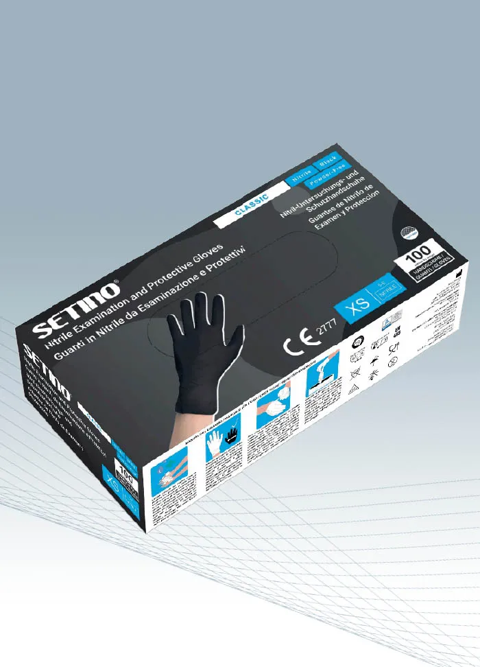 Kuti Setino Classic me doreza nitrili të zeza, pa pluhur dhe pa latex, të disponueshme në masat S, M dhe L.
