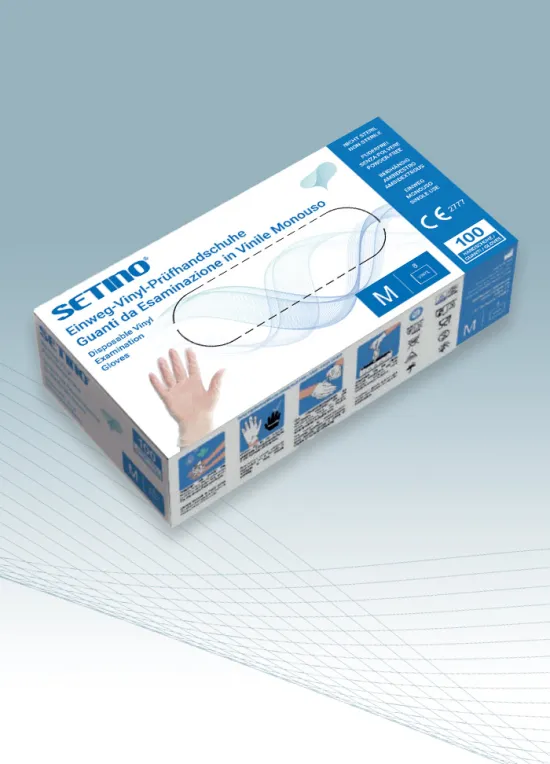Kuti Setino me doreza nitrili blu, pa pluhur dhe pa latex, të disponueshme në masat S, M dhe L.