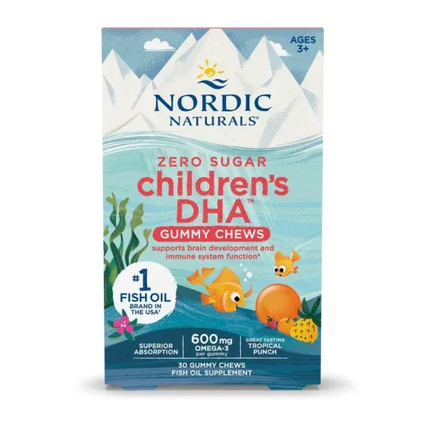 Nordic Naturals Children’s DHA Gummies paraqitet në kuti me 30 gummy pa sheqer, me 600 mg omega-3 për gummy, për fëmijë nga 3 vjeç.