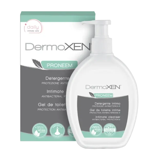 Shishe Dermoxen Proneem Larës Intim 200 ml, me Tribulus, vaj neem dhe propolis për higjienën dhe mbrojtjen intime të përditshme.