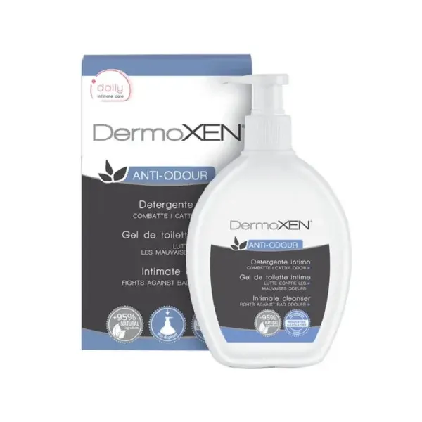 Shishe Dermoxen Anti-Odour Larës Intim 200 ml, me fibra prebiotike dhe vajra esencialë për freski dhe higjienë intime.