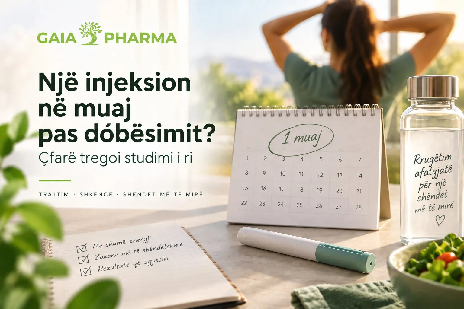 Penë injektuese pranë një kalendari mujor, në një ilustrim për ruajtjen e peshës pas dobësimit.