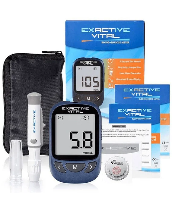Exactive Vital – aparat për matjen e glukozës dhe aksesorët e paraqitur në foto